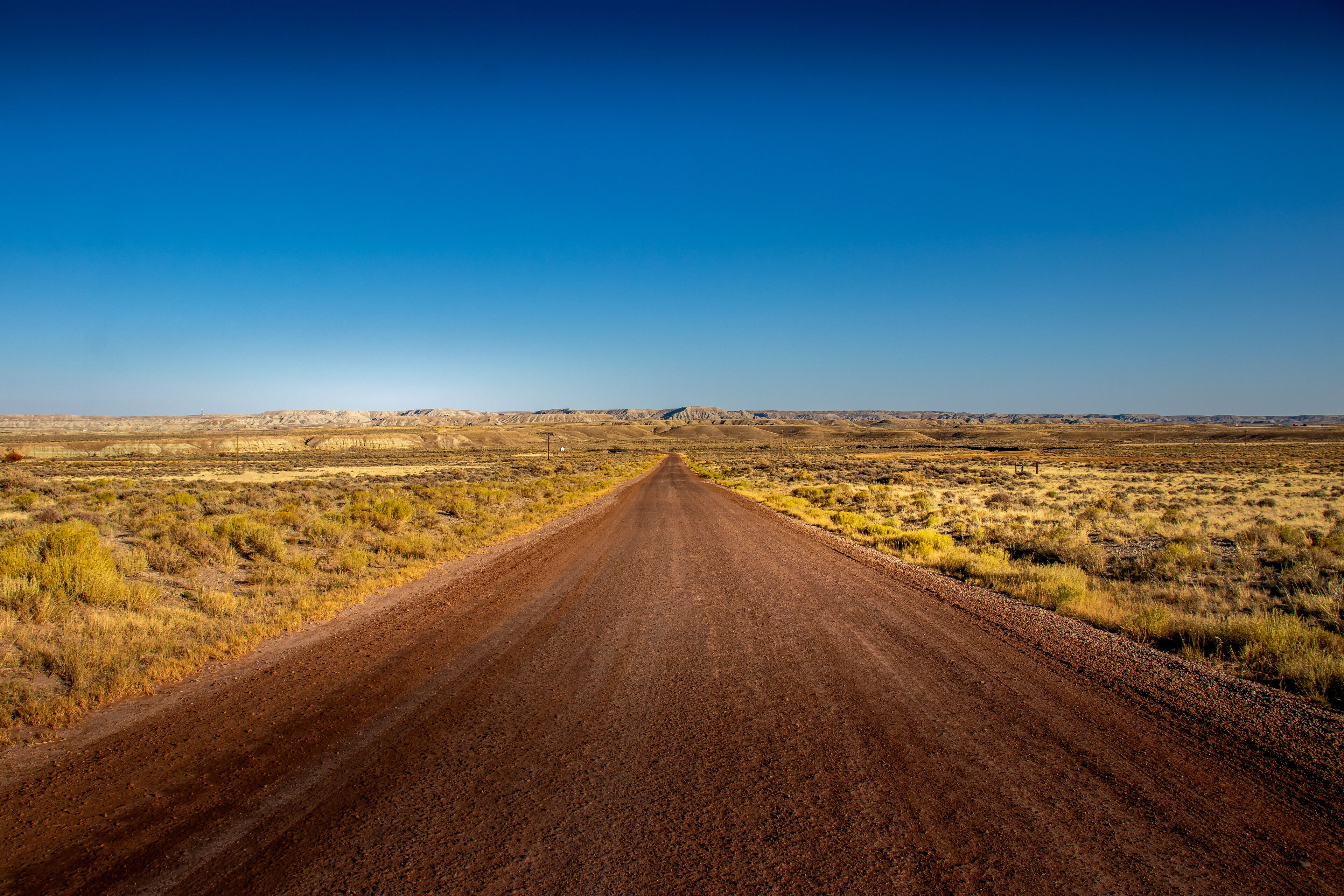 A long, straight dirt road in a flat, open landscape with sparse vegetation and distant hills under a clear blue sky.