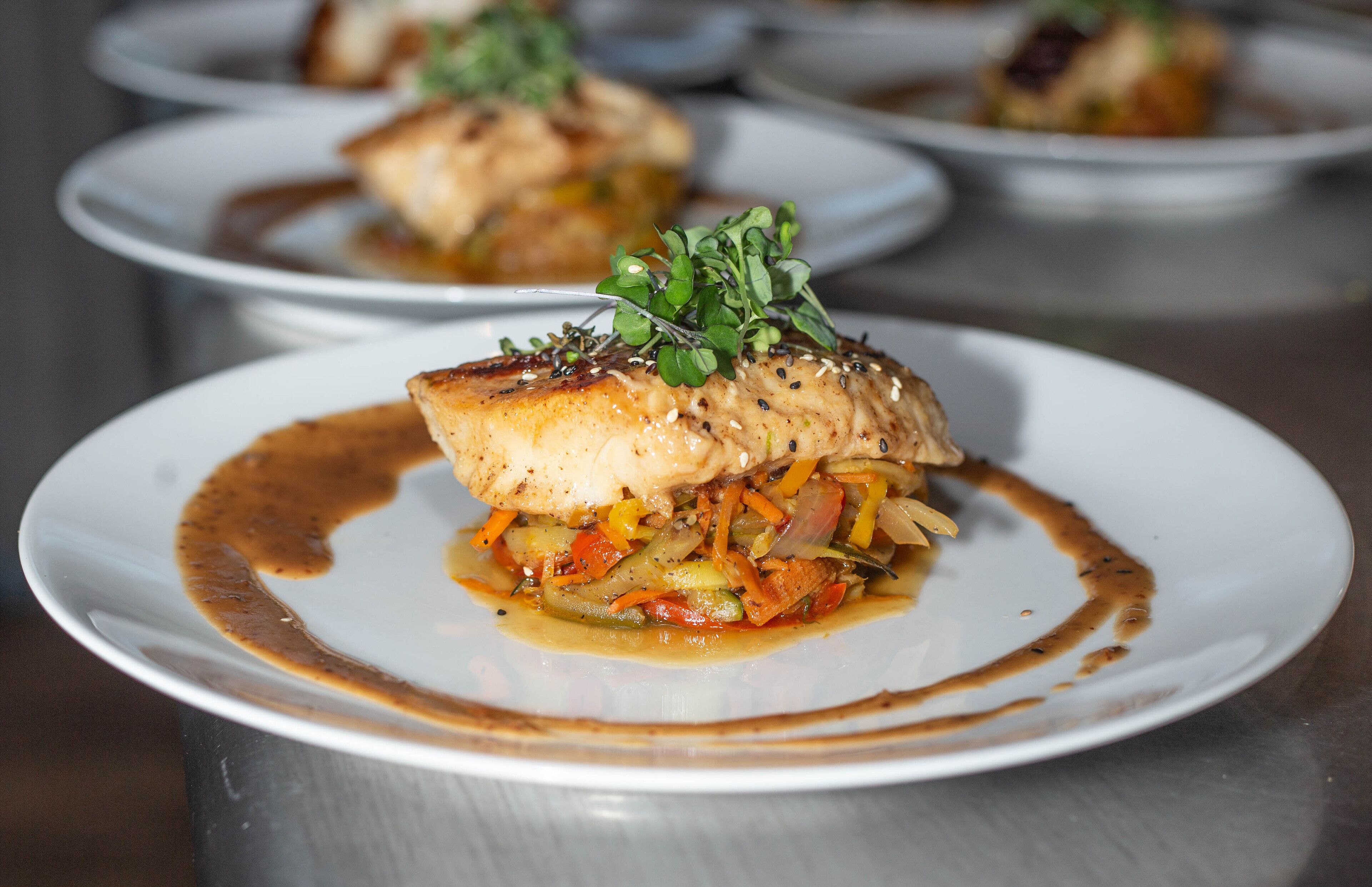 Cozy dining room experience with plated meals. This is a miso glazed cod with julienned veggies and a soy mustard sauce. My personal favorite meal at the lodge. #trovember