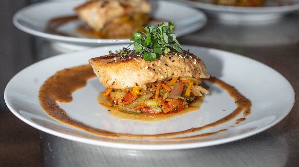 Cozy dining room experience with plated meals. This is a miso glazed cod with julienned veggies and a soy mustard sauce. My personal favorite meal at the lodge. #trovember