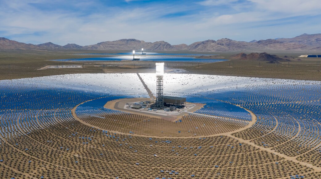 Aerial view of the solar tower of the Ivanpah Solar Electric Generating System