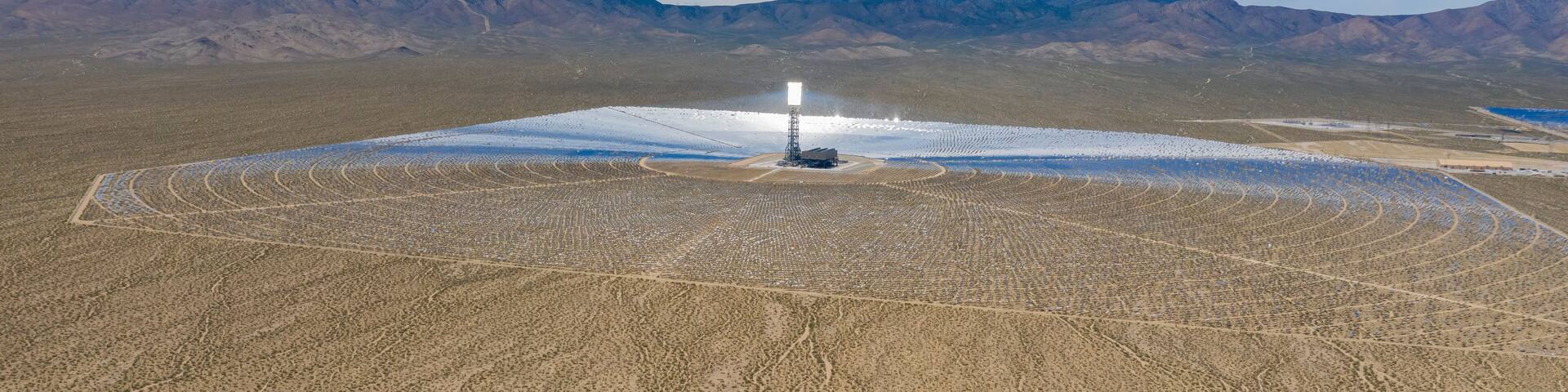 Aerial view of the solar tower of the Ivanpah Solar Electric Generating System