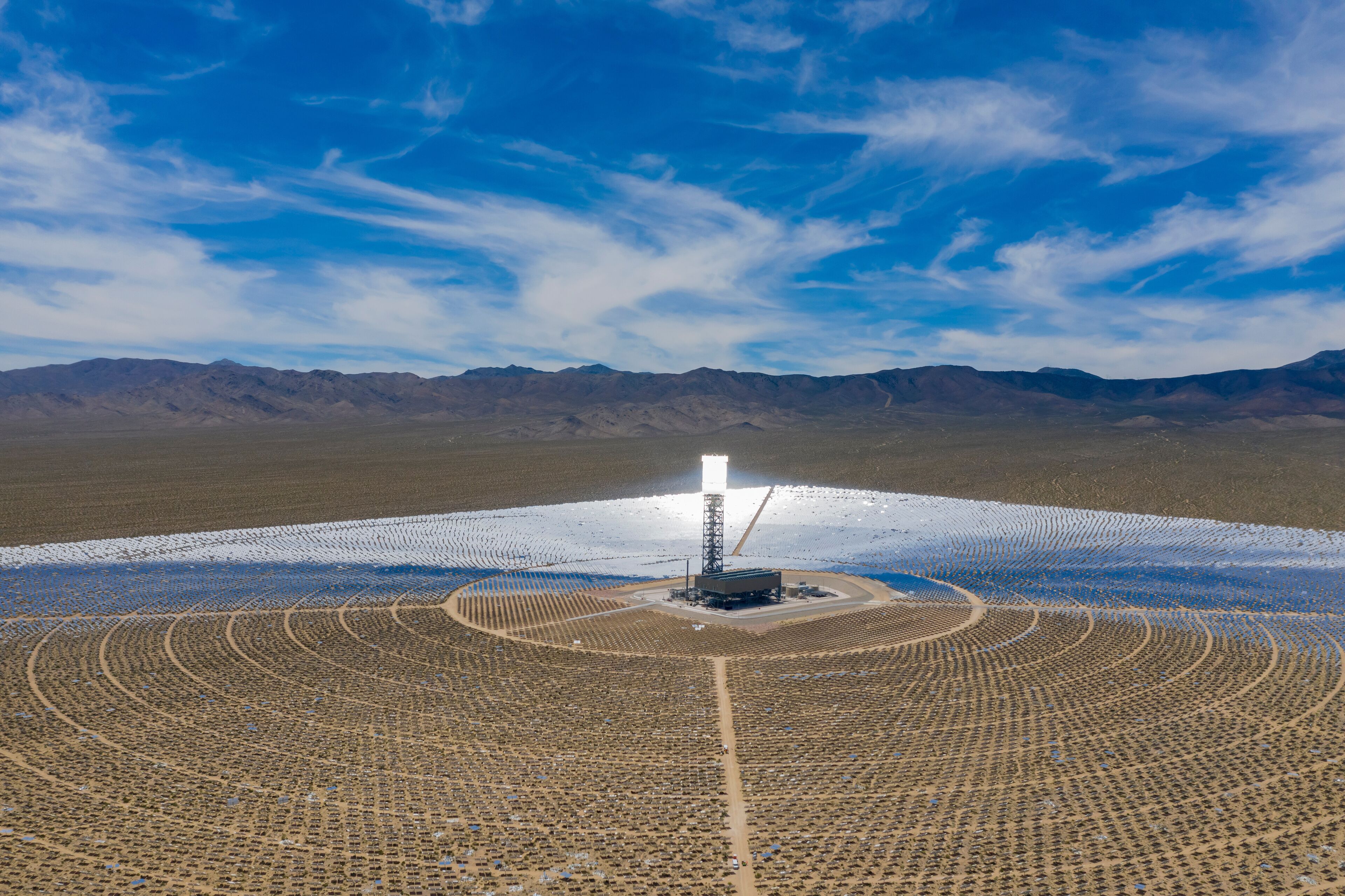 Aerial view of the solar tower of the Ivanpah Solar Electric Generating System