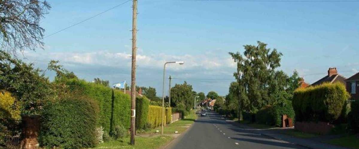 A quiet suburban street lined with houses and hedges.