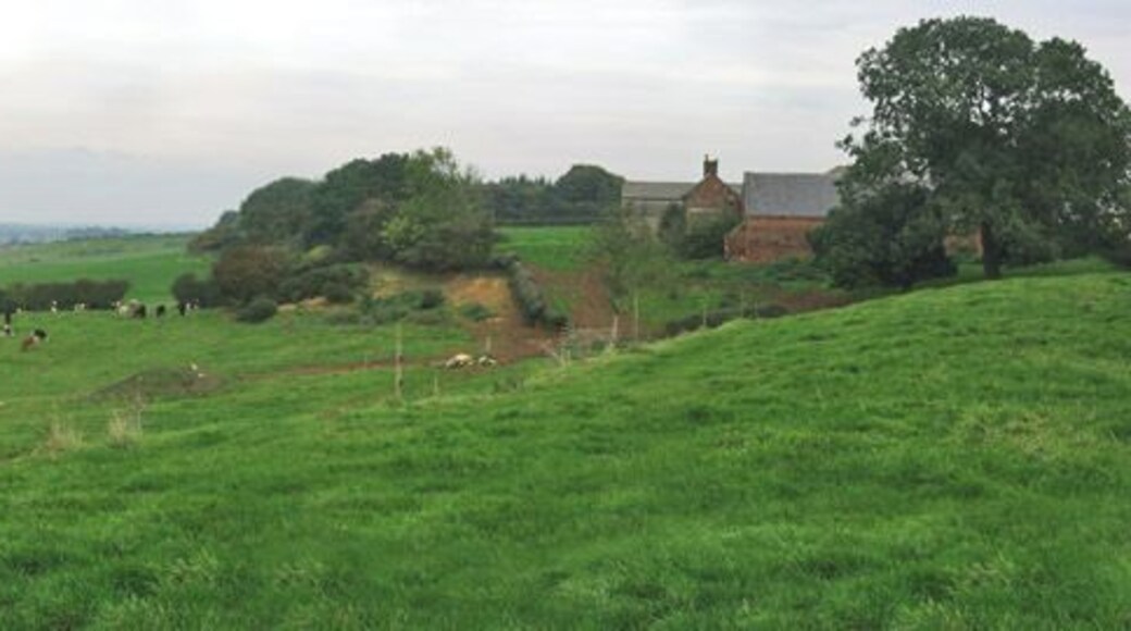 Top Farm, Green Lane, near Eaton. Top Farm sits at the top of Lings Hill (170m above sea level) overlooking the villages of Eaton and Branston. The ground falls away sharply to Bottom Farm (110m), at SK800 284. Looking east towards Croxton Kerial and Belvoir Castle.