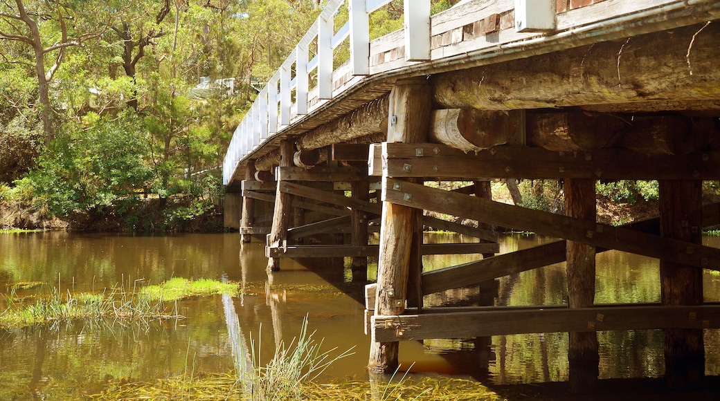 Un pont en bois enjambant une rivière paisible, entouré de verdure.
