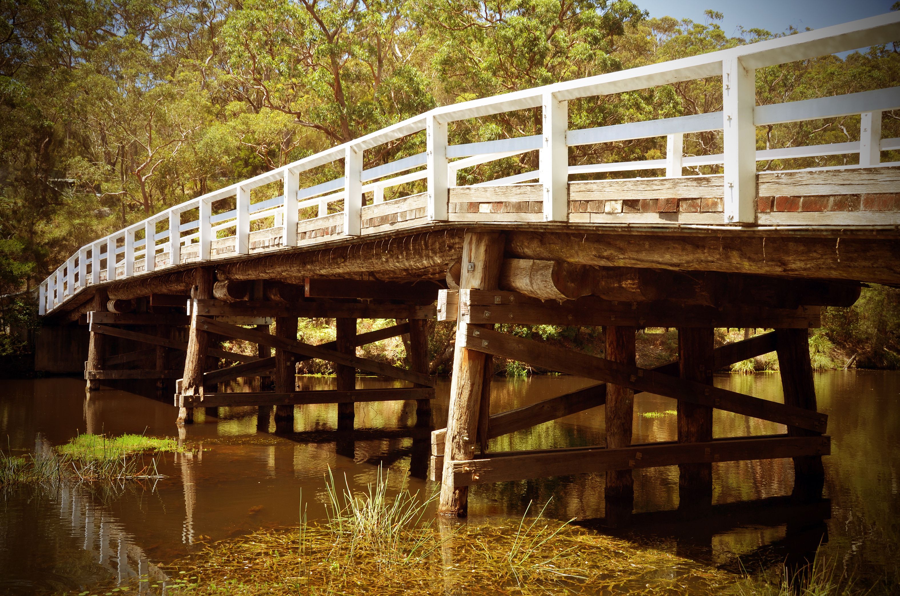 Un pont en bois, doté de rampes blanches, enjambe une rivière paisible, le tout étant entouré d’une végétation luxuriante.