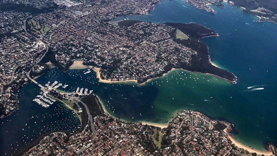 Flying into Sydney - The Spit & Chinamans & Balmoral Bch in the foreground. You can see the ferries going in&out of Manly - top. #sydney #aerialview #harbour #ferry #boats #wewhotravel #lifeatexpedia