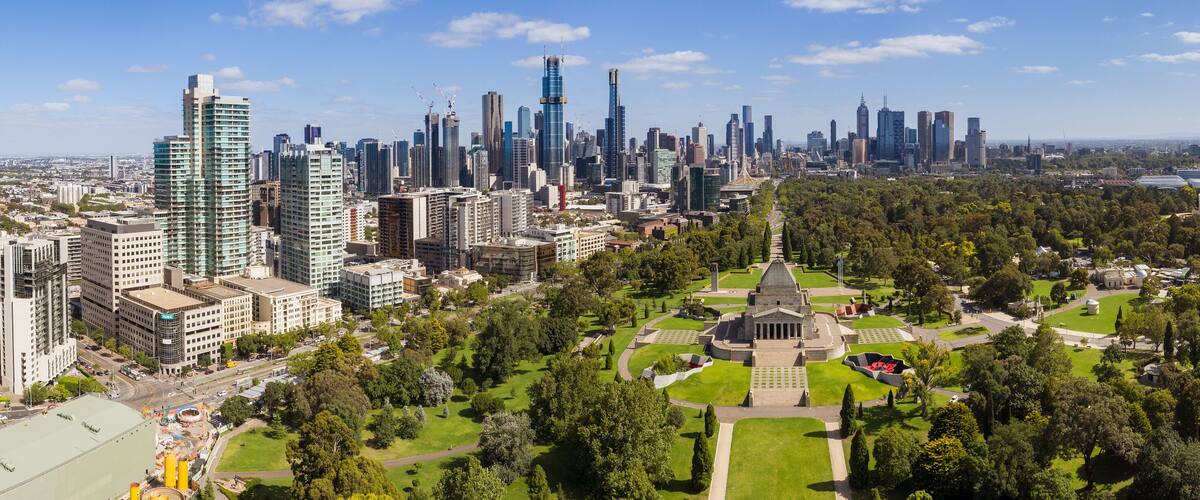 Aerial panoramic image of the city of Melbourne and the Shrine of Rememberance through to the AAMI Stadium from the Botanic Gardens