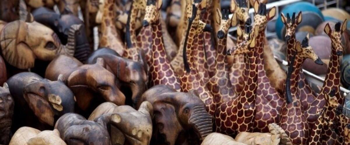A collection of wooden animal sculptures, including giraffes and elephants.