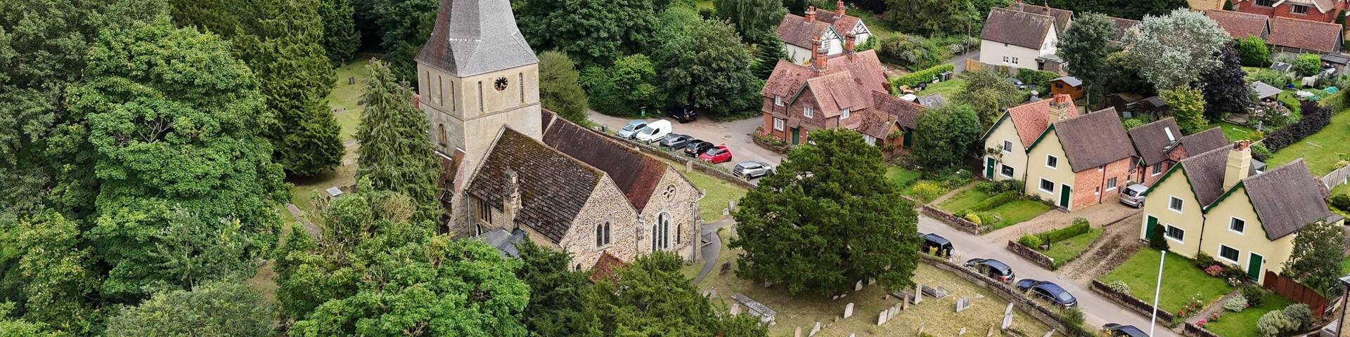 St James's Church Shere Village Surre UK drone,aerial