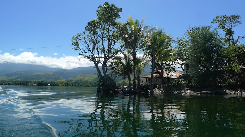 A calm river with reflections, surrounded by lush greenery and a house with a rusted roof.