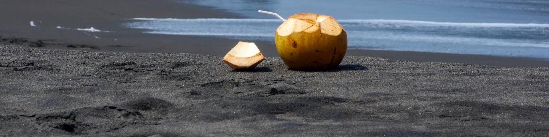 Fresh young coconut on the dark sandy beach in Pantai Dewa Ruci Purworejo, Indonesia