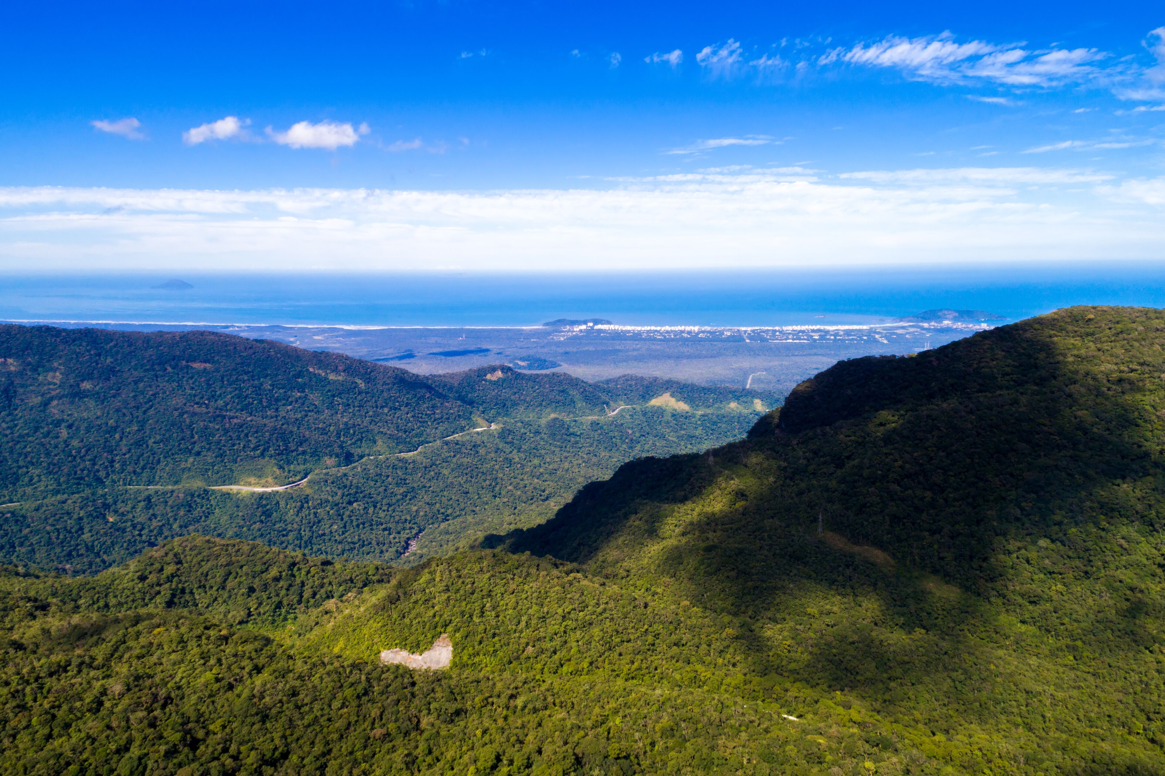 A mountainous landscape with dense forests and a distant view of a coastline.