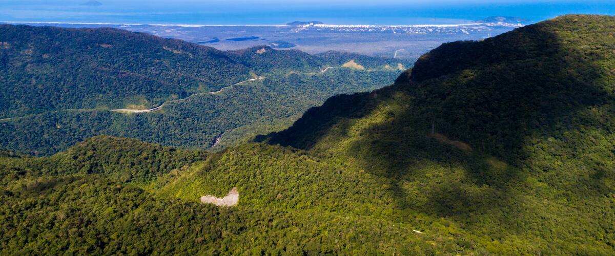 A mountainous landscape with dense forests and a distant view of a coastline.