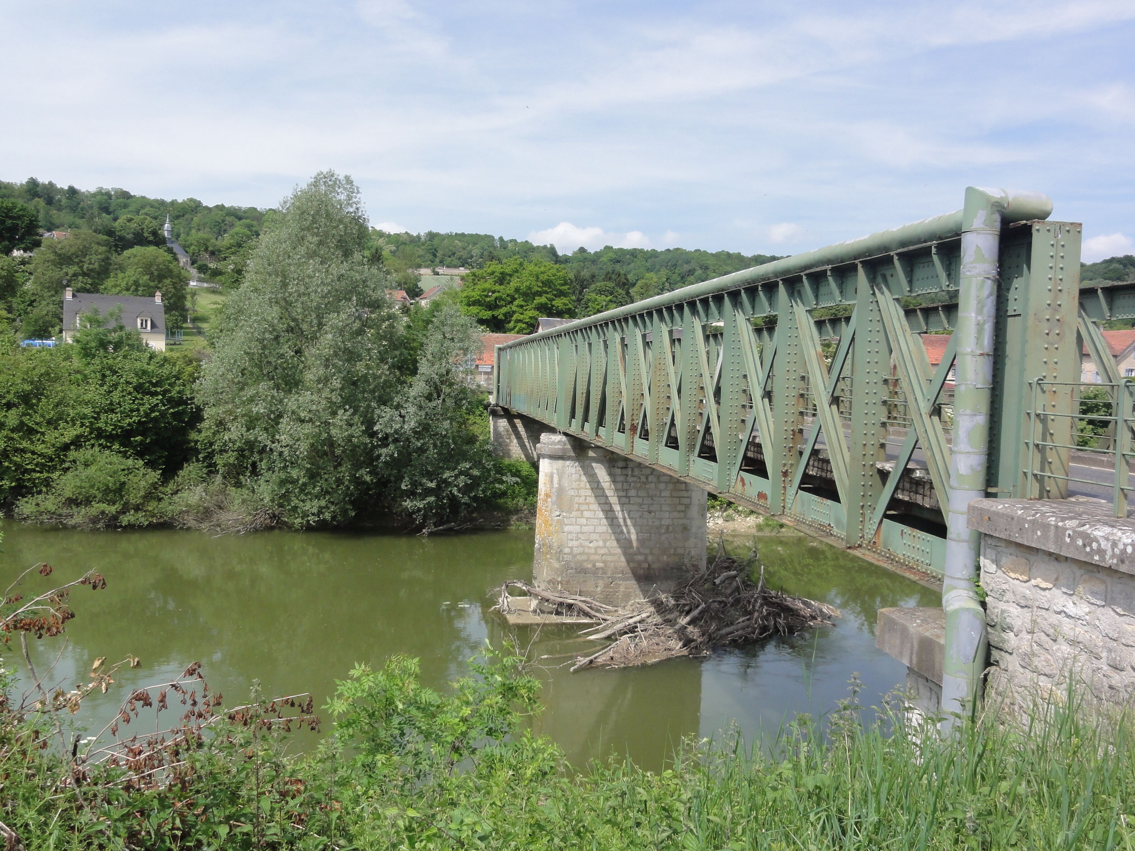 A green metal bridge over a river with trees and houses in the background.