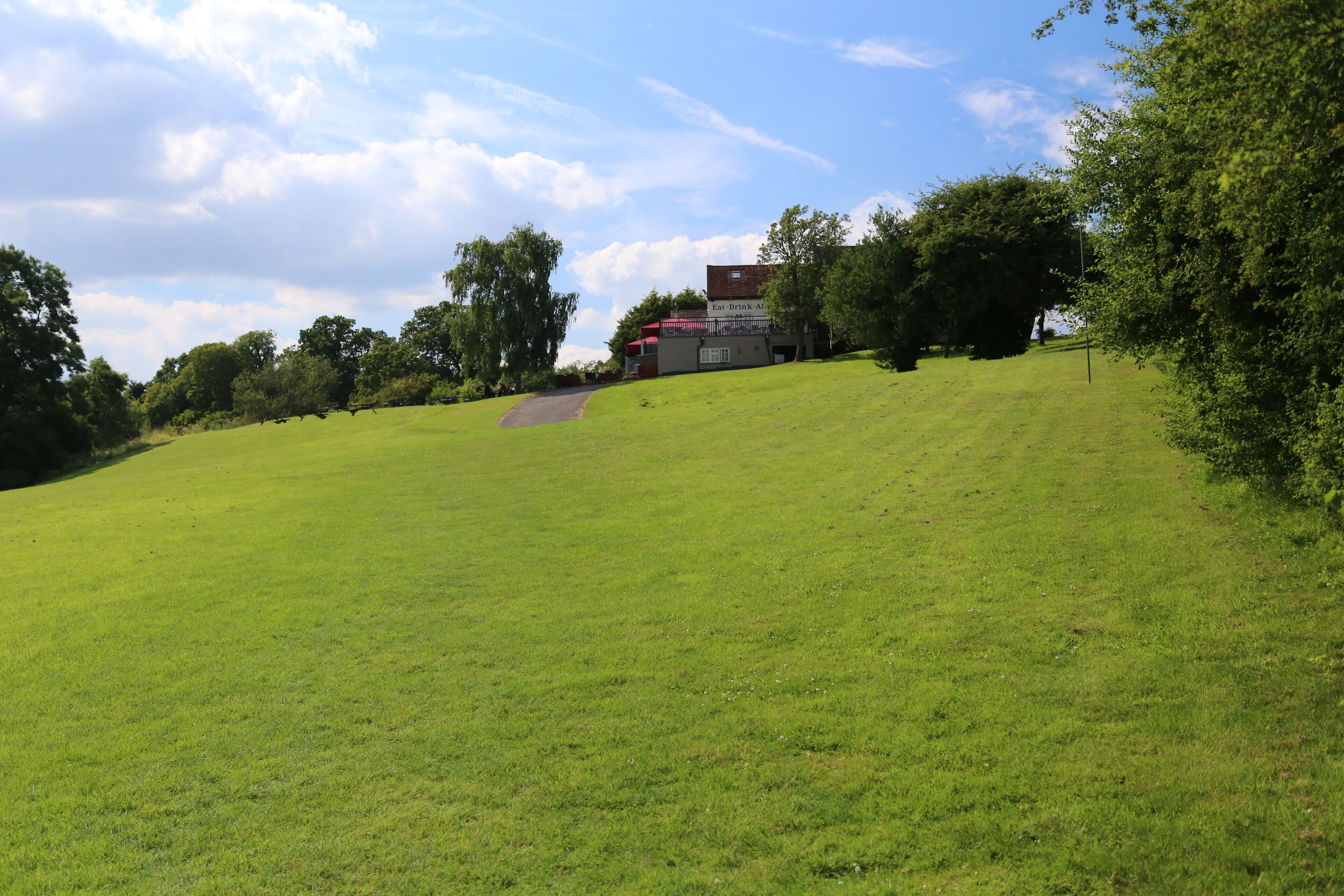 A grassy hill with a building labeled "Café Drink Ave" in the background.