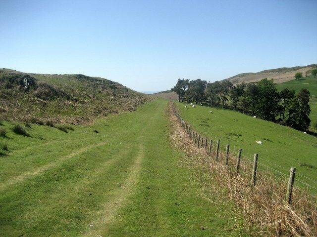 Offa's Dyke Path north of Penycloddiau Descending off Penycloddiau on as nice wide green track, as the National Trail temporarily takes leave of the Clwydian Range.