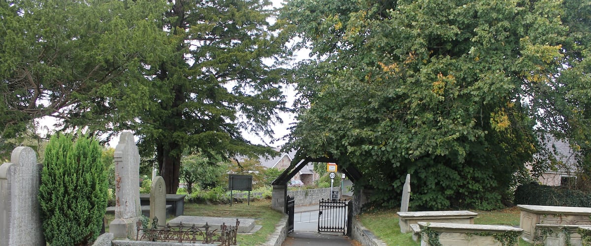 A cemetery with headstones, a paved path, and a gate.