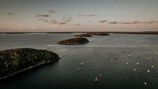 aerial view of boat traveling between islands, Maine Coast