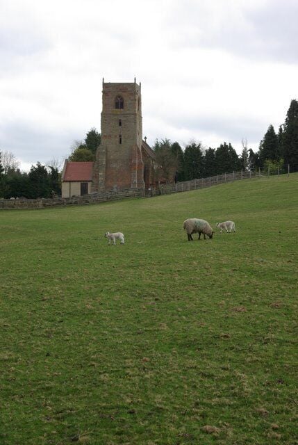 View northeast across a pasture at Bubbenhall, Warwickshire, to St Giles' parish church