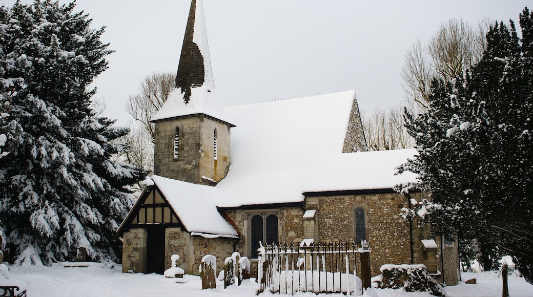 Parish church of SS Peter and Paul, Chaldon, Surrey, seen from the southeast in snow