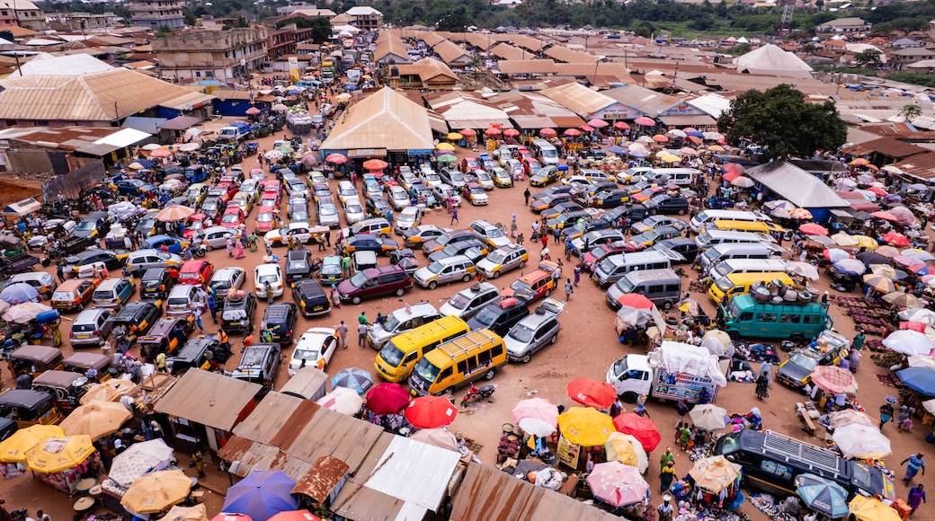 Aerial shot of Techiman Lorry Station, Ghana