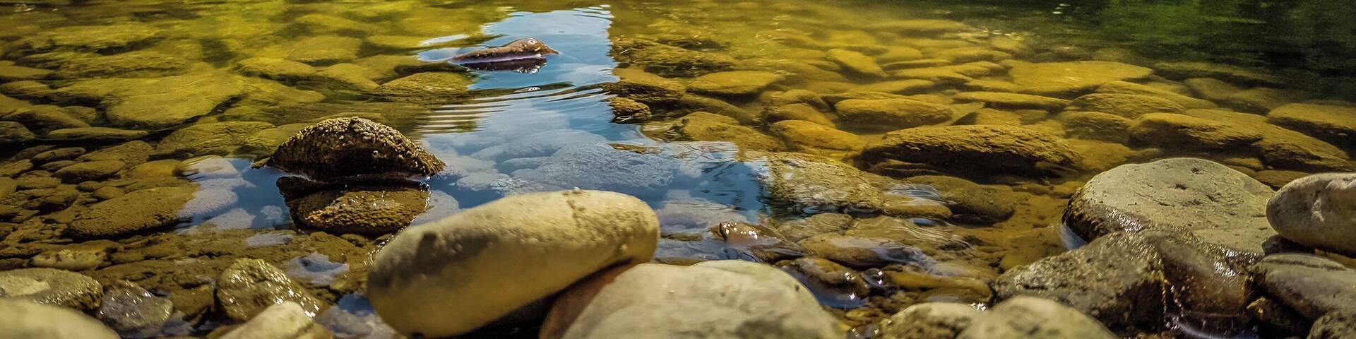 A clear river with rocks and a waterfall in the background.