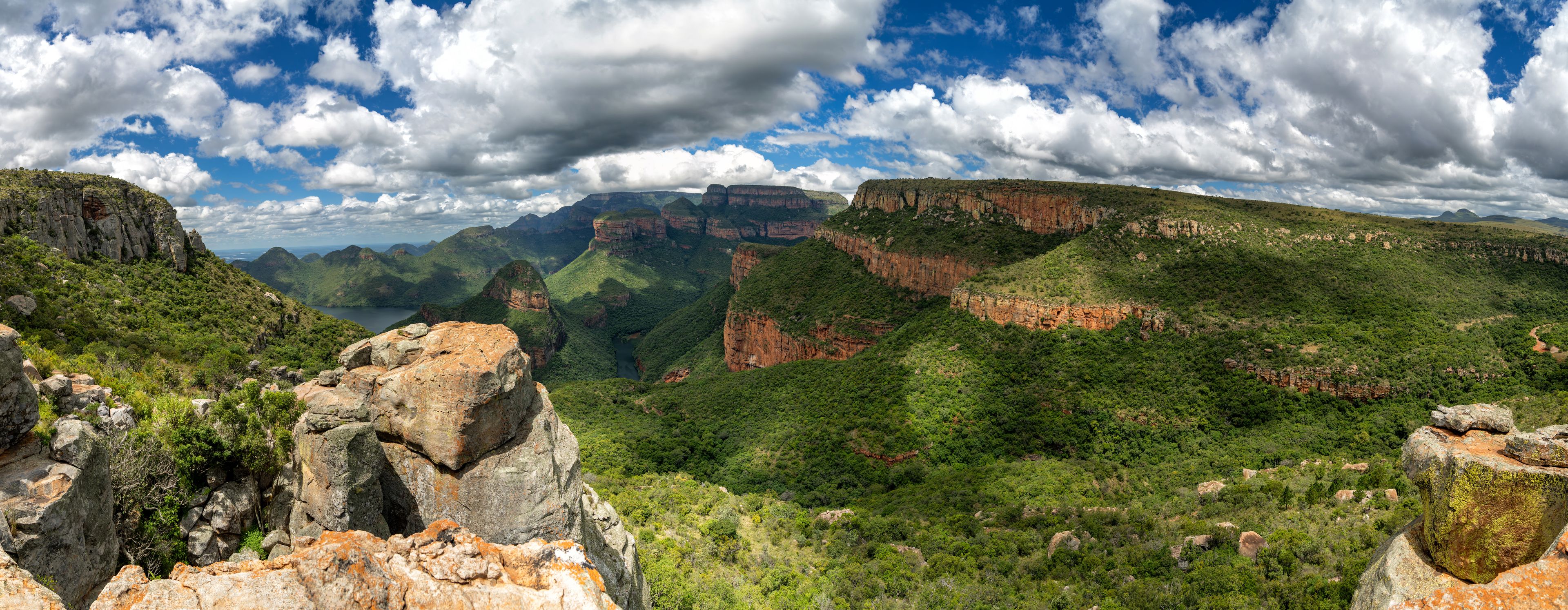 Panorama View of the highveld, the Blyde River canyon and the Three Rondavels, along the Panorama Route in Mpumalanga Province of South Africa