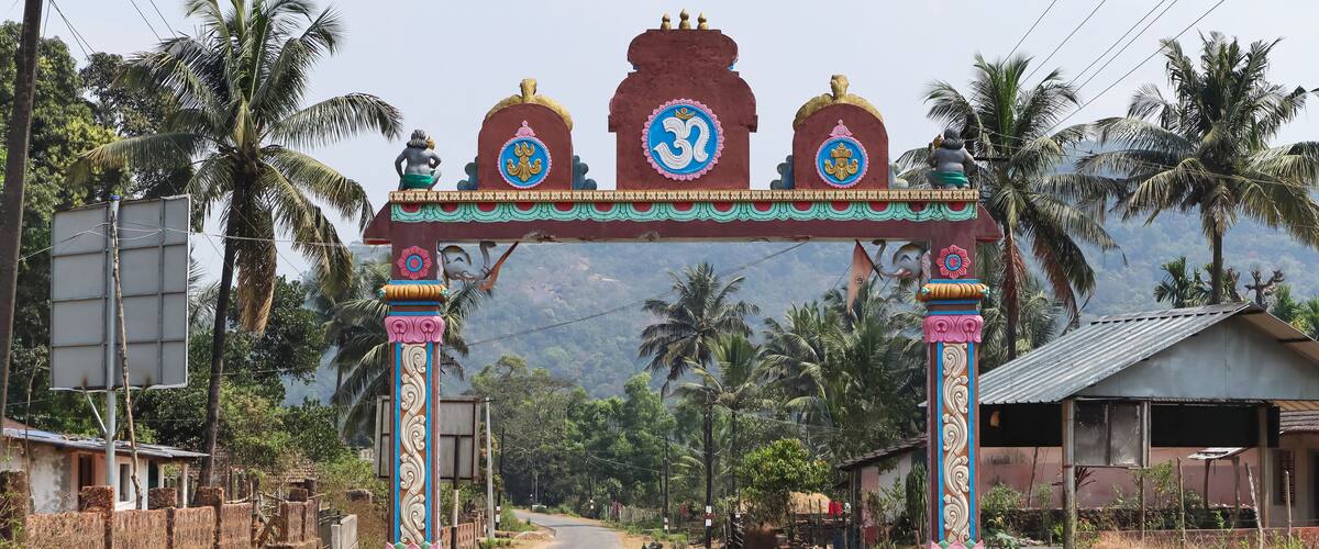 A decorated entrance gate with intricate designs and symbols, surrounded by palm trees and a rural landscape.