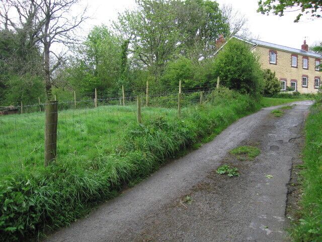 A narrow rural road flanked by green fields and a wooden fence.