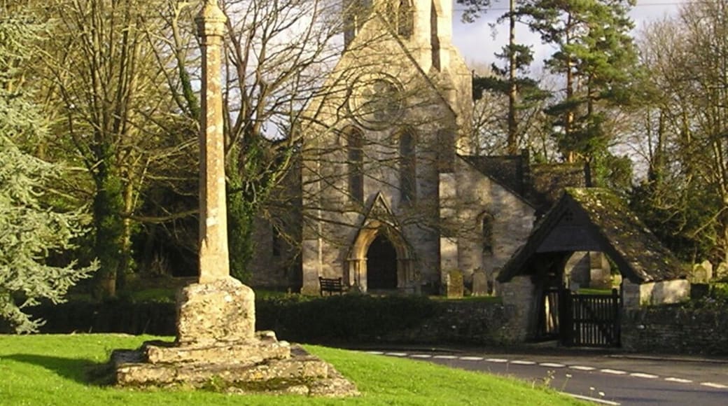 Leafield, Oxfordshire: village cross, with the spire and west end of St Michael and All Angels' parish church in the background. The base of the cross is probably 15th-century. The current shaft and top are a monument thanking God for Leafield's deliverance from an outbreak of smallpox in 1873.