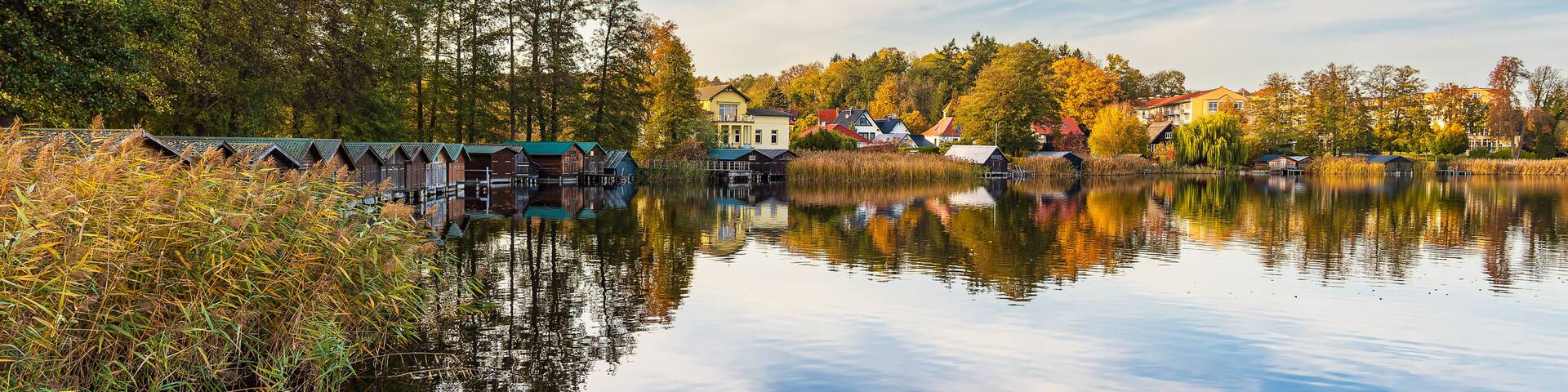 A calm lake with reflections of houses and trees, surrounded by a forest and a clear sky.