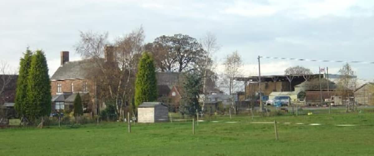 A grassy field with houses and trees in the background.