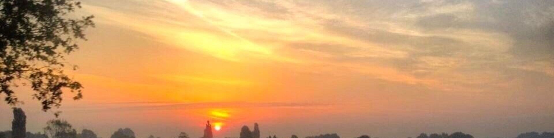 Um pôr do sol sobre uma paisagem rural com cavalos pastando e árvores ao longe.