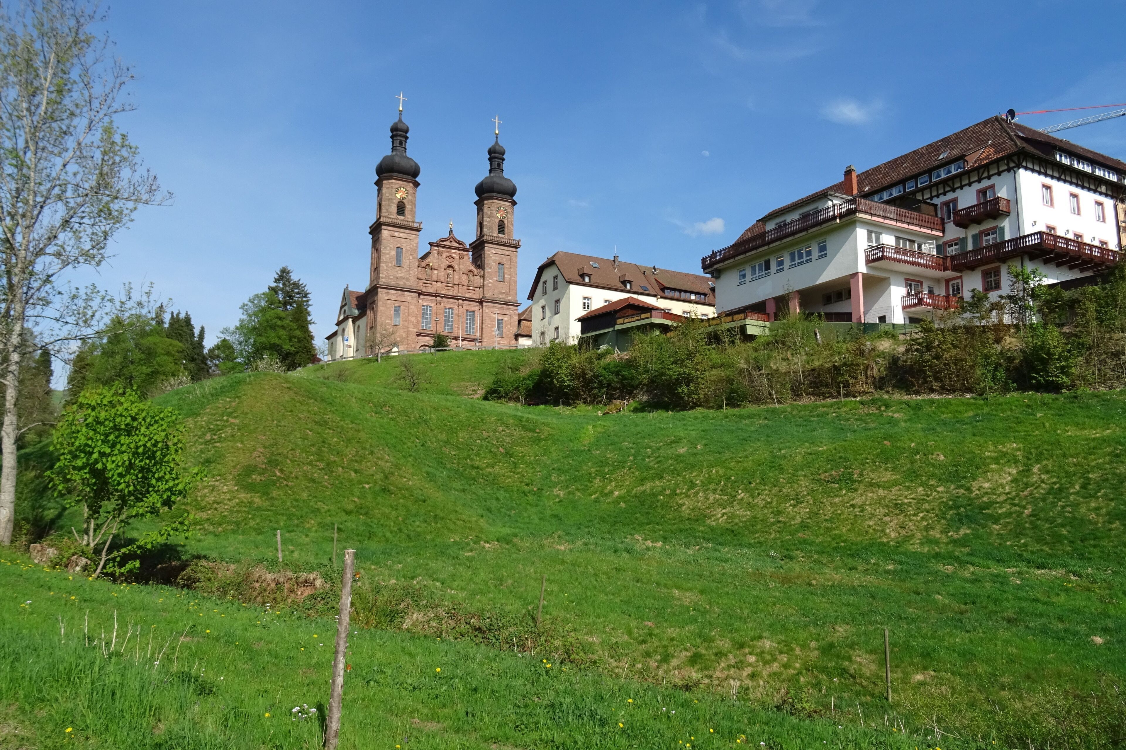 A church with two towers, a hill with grass and trees, and a white building with balconies.