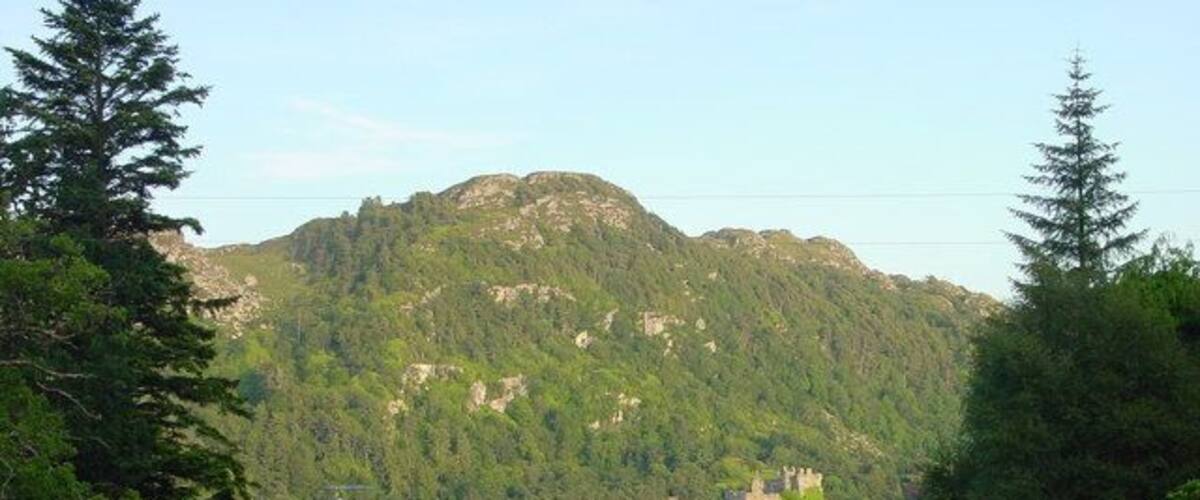 Una casa de piedra con puerta verde, rodeada de abundante vegetación y un lago, con un castillo en la colina al fondo.