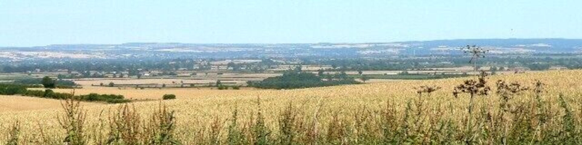 Un extenso campo con una vista lejana de un pueblo.