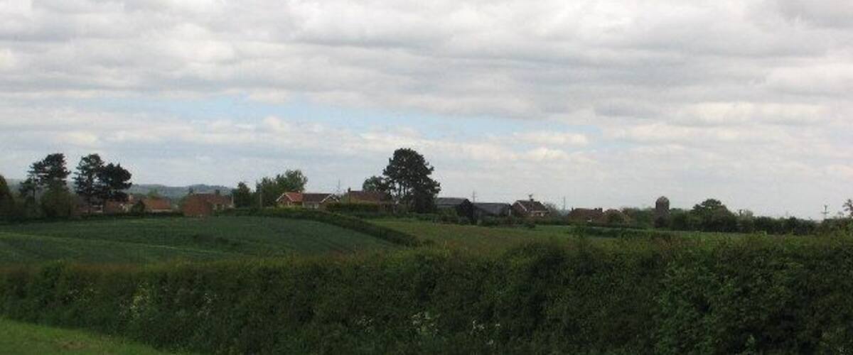 A rural landscape with a road, green fields, and scattered houses.