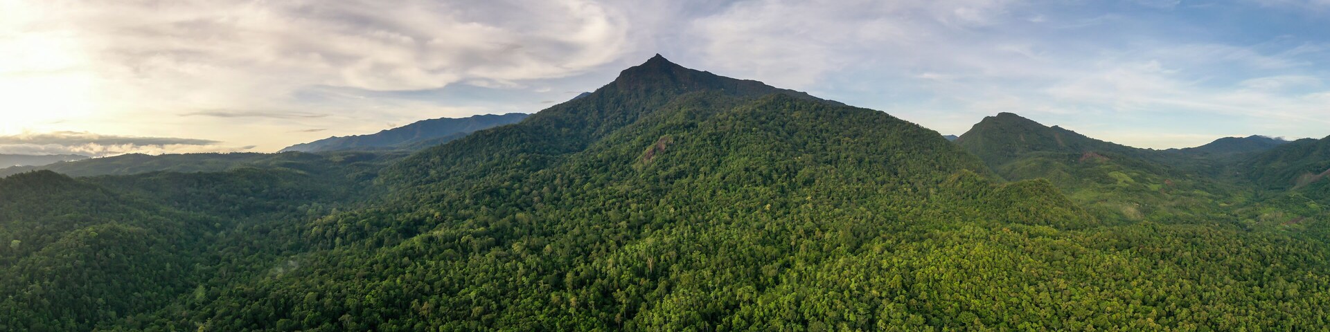 Scenic view of Mount Nambuyukon surrounded by lush tropical rainforest in Serinsim, Kota Marudu, Sabah, Malaysia. Beautiful mountain landscape with rich greenery under blue sky.