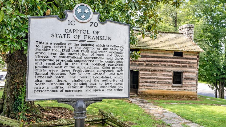 A historical marker sign for the Capitol of State of Franklin, surrounded by trees and a small stone building.