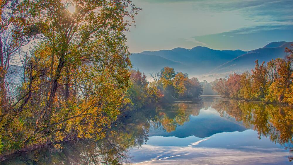 Reflactions on a foggy fall morning on the Nolichucky River in Tennessee