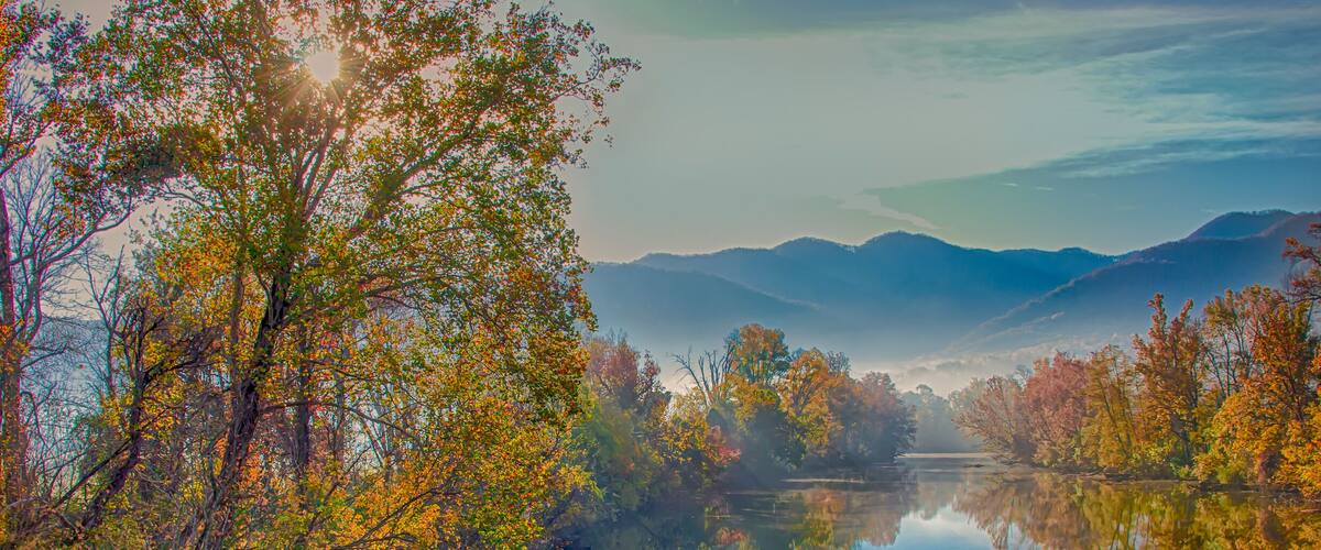 Reflactions on a foggy fall morning on the Nolichucky River in Tennessee