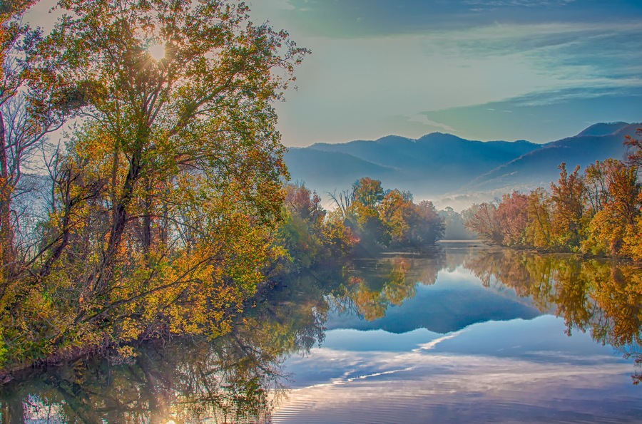 Reflactions on a foggy fall morning on the Nolichucky River in Tennessee