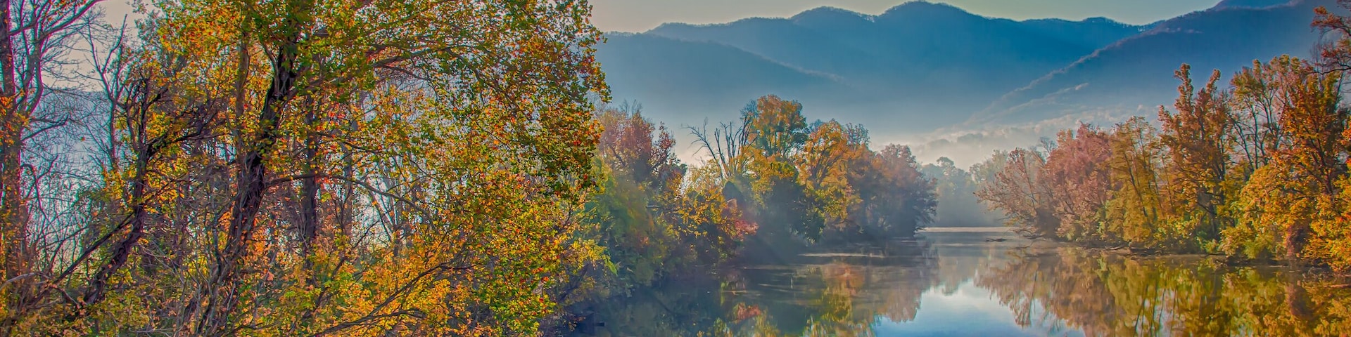 Reflactions on a foggy fall morning on the Nolichucky River in Tennessee