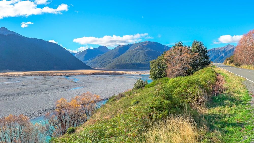 panoramic view of turquoise water of Waimakariri River passing through Arthur's Pass National Park, South Island of New Zealand. It enters the Pacific north of Christchurch, near the town of Kaiapoi.
