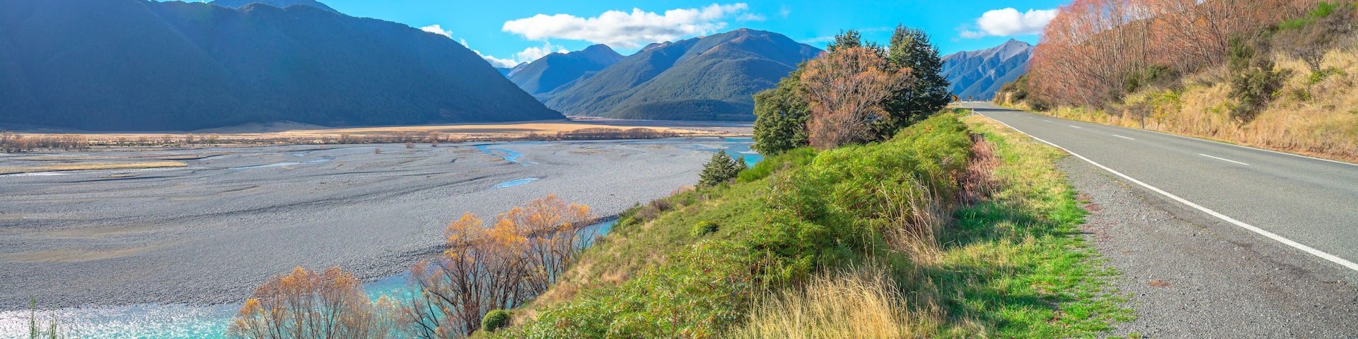 panoramic view of turquoise water of Waimakariri River passing through Arthur's Pass National Park, South Island of New Zealand. It enters the Pacific north of Christchurch, near the town of Kaiapoi.
