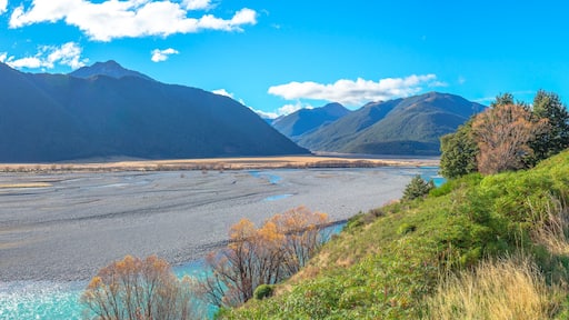 panoramic view of turquoise water of Waimakariri River passing through Arthur's Pass National Park, South Island of New Zealand. It enters the Pacific north of Christchurch, near the town of Kaiapoi.