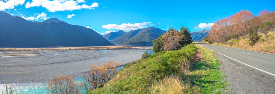 panoramic view of turquoise water of Waimakariri River passing through Arthur's Pass National Park, South Island of New Zealand. It enters the Pacific north of Christchurch, near the town of Kaiapoi.