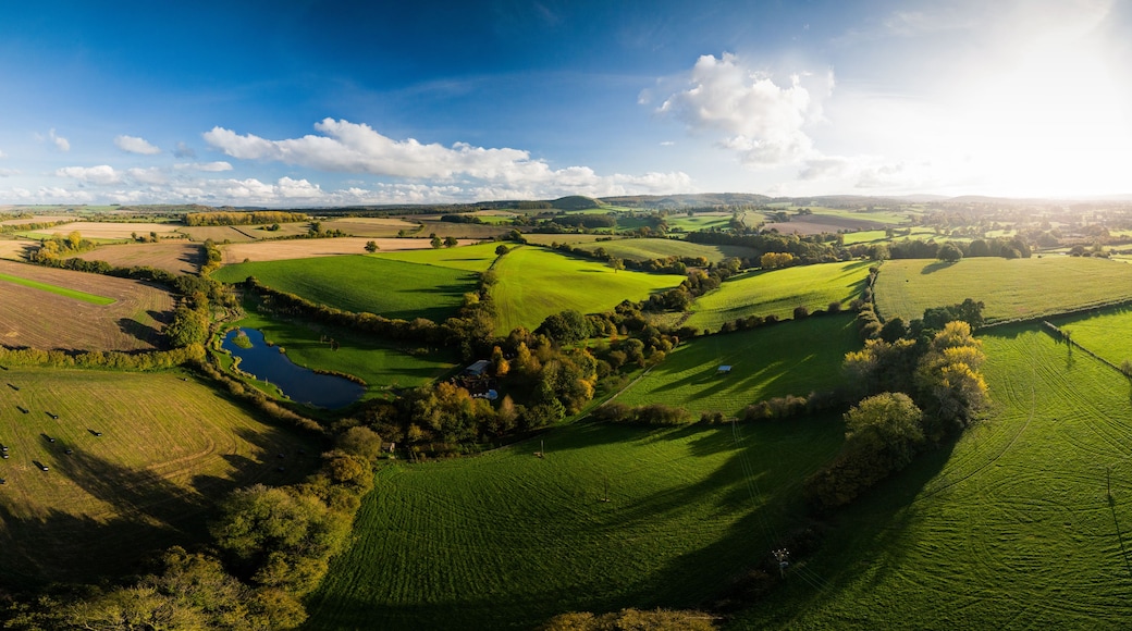 A panoramic view of rolling green fields, a small body of water, and distant hills under a clear sky.