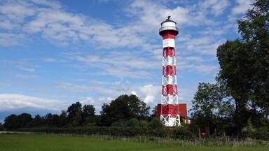 A red and white lighthouse in a grassy field with trees and a clear sky.